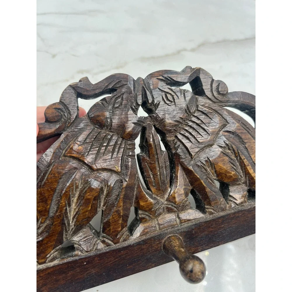 VTG Hand Carved Wood Elephant Wall Hook Rack 3 Peg Key Holder Brown Boho Decor